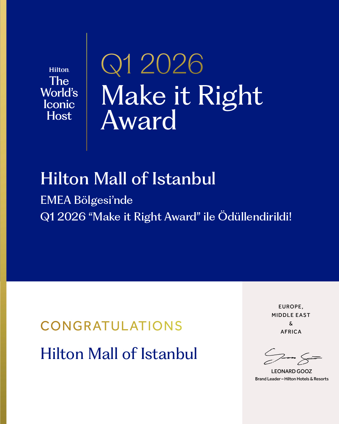 Hilton Mall of Istanbul, EMEA Bölgesi’nde Q1 2026 “Make it Right Award” ile Ödüllendirildi!